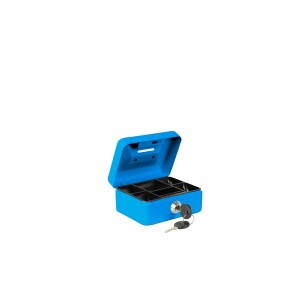 Cassetta di sicurezza t.b.t. blu aperta con chiave. Ideale per conservare contanti.