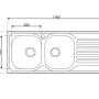Schizzo del lavello t.b.t. in acciaio inox con due vasche e scolapiatti, dimensioni 1160x500 mm.