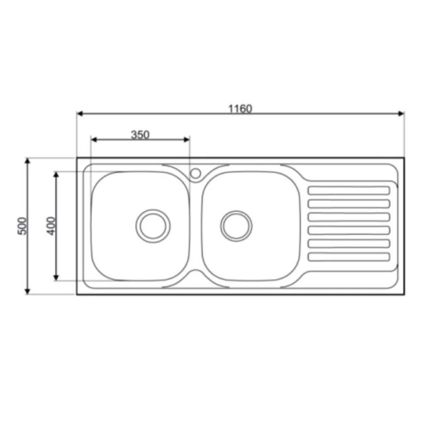 Schizzo del lavello t.b.t. in acciaio inox con due vasche e scolapiatti, dimensioni 1160x500 mm.