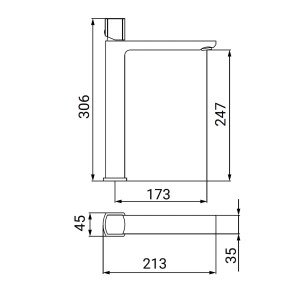 Disegno tecnico: t.b.t. rubinetto lavabo con dimensioni.