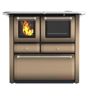 Stufa a legna t.b.t. in oro-marrone con vetro e forno.