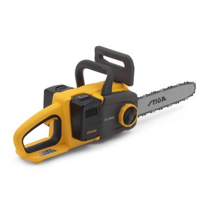 Motosega a batteria Stiga CS 300e, giallo/nero, con batterie e caricabatterie.