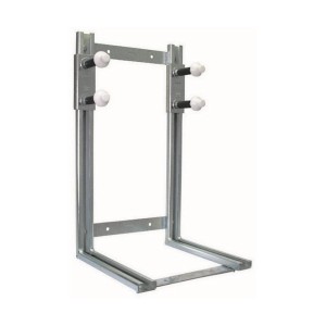 Supporto di fissaggio WC in metallo con quattro distanziatori bianchi.