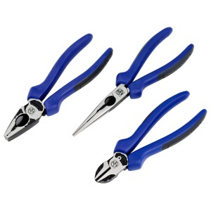 Set pinze LUX Comfort, 3 pezzi: pinza universale, pinza a becchi mezzotondi, tronchese con manici blu e neri.