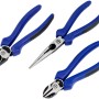 Set pinze LUX Comfort, 3 pezzi: pinza universale, pinza a becchi mezzotondi, tronchese con manici blu e neri.