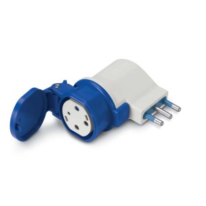 Spina blu e bianca con tre poli e cappuccio protettivo.