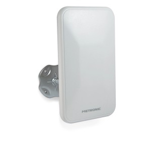 Antenna Metronic bianca per accessori video, montata su una staffa a parete.