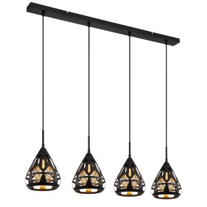 Lampada a sospensione nera t.b.t. con quattro paralumi a forma di goccia per sala da pranzo e soggiorno.