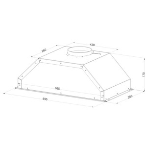 Disegno tecnico di una cappa a scomparsa t.b.t. con dimensioni.
