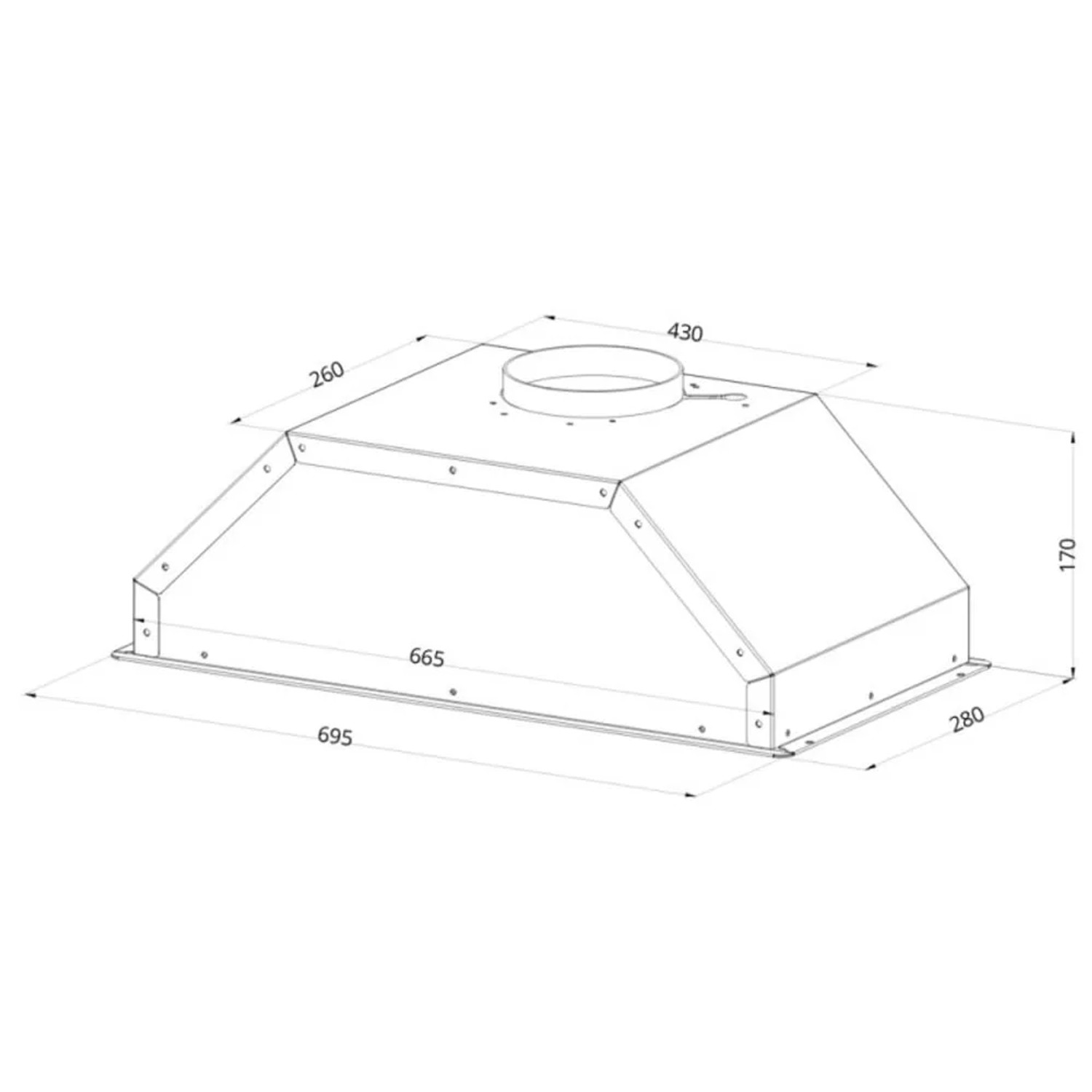 Disegno tecnico di una cappa a scomparsa t.b.t. con dimensioni.