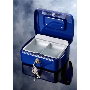 Cassetta portavalori blu aperta Burg Wächter Office Line 2167 con portamonete e chiave.