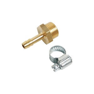 Raccordo in ottone LUX con ugello da 9 mm e fascetta stringitubo per accessori compressore.
