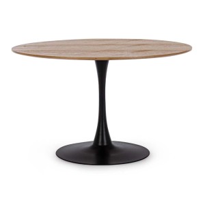 Tavolino rotondo con piano in legno e base in metallo nero.