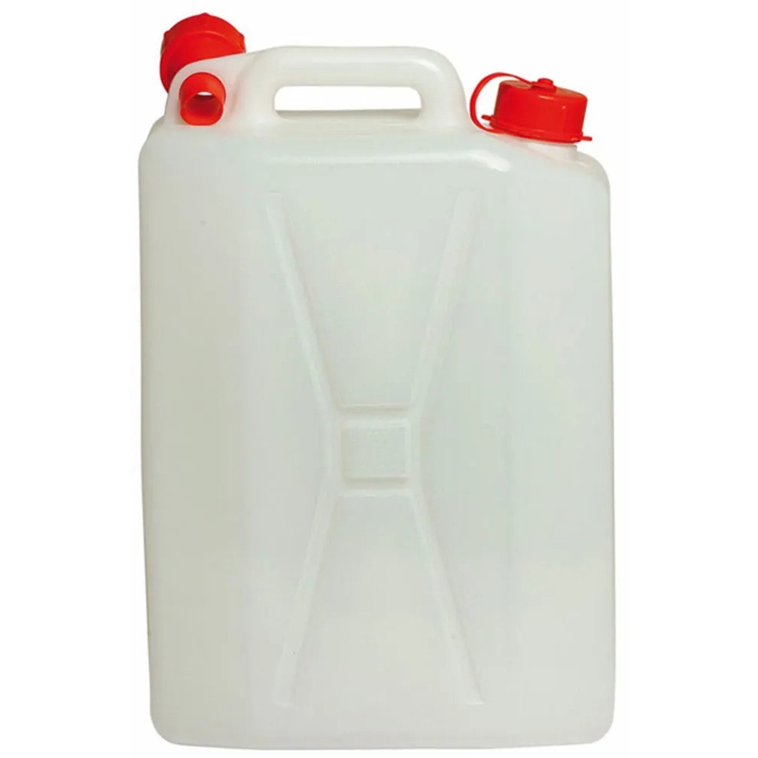Tanica d'acqua bianca con tappo rosso per campeggio e outdoor.
