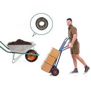 Cuscinetto ruota per carriola e carrello in uso con uomo e terra.