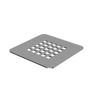 Copertura quadrata grigia per scarico a pavimento con fori quadrati.