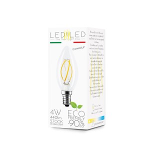 Lampadina LED E14 a candela, 4W, bianco caldo, dimmerabile, in confezione.