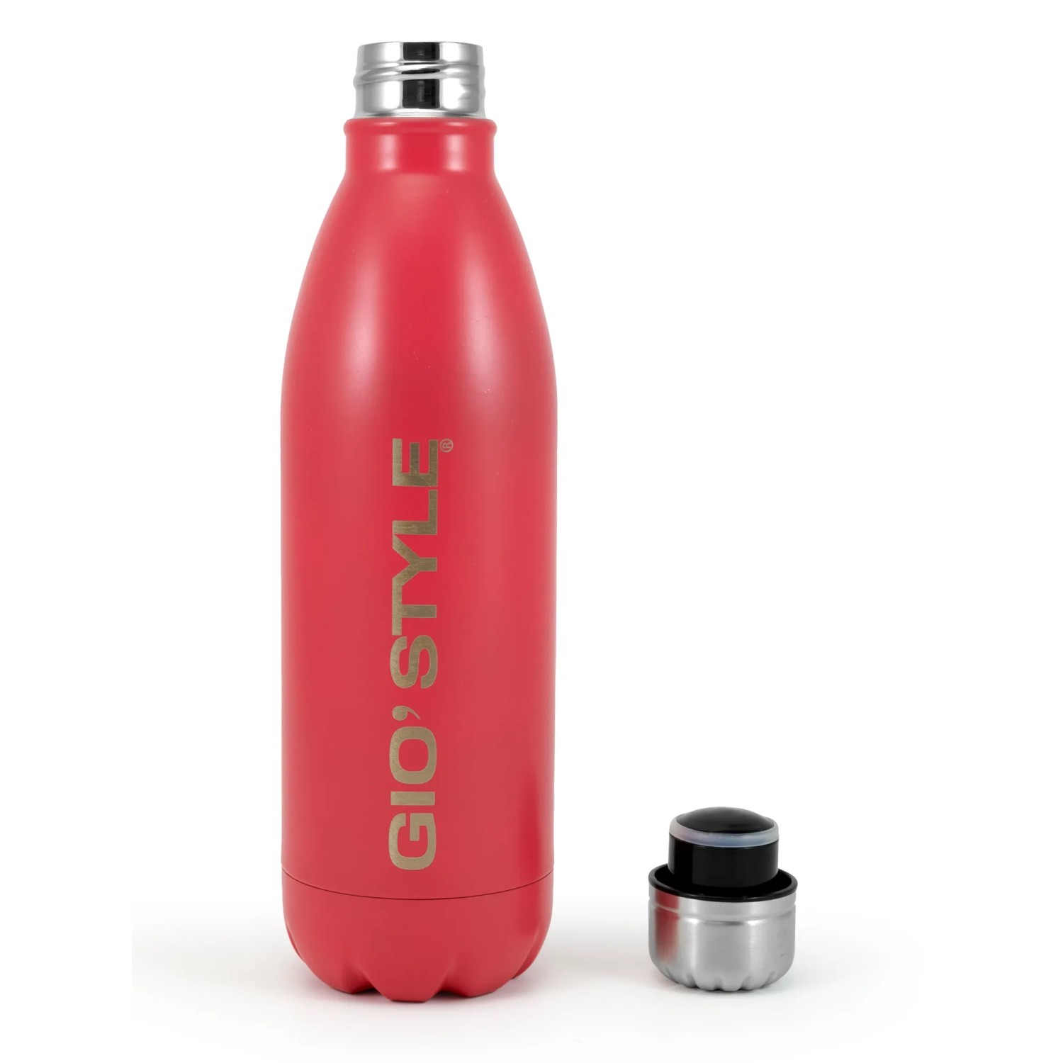 Borraccia rossa t.b.t. in acciaio inox con coperchio argentato per campeggio e outdoor.