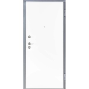 Porta blindata bianca con telaio e maniglia argentati.