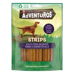 Purina Adventuros snack per cani strips gusto cervo selvatico, basso contenuto di grassi.