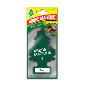 Profumatore per auto "Arbre Magique Pino" (Pino) verde nella confezione.