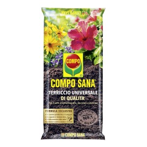 Sacco di terriccio universale COMPO SANA per piante da interno, balcone e giardino.