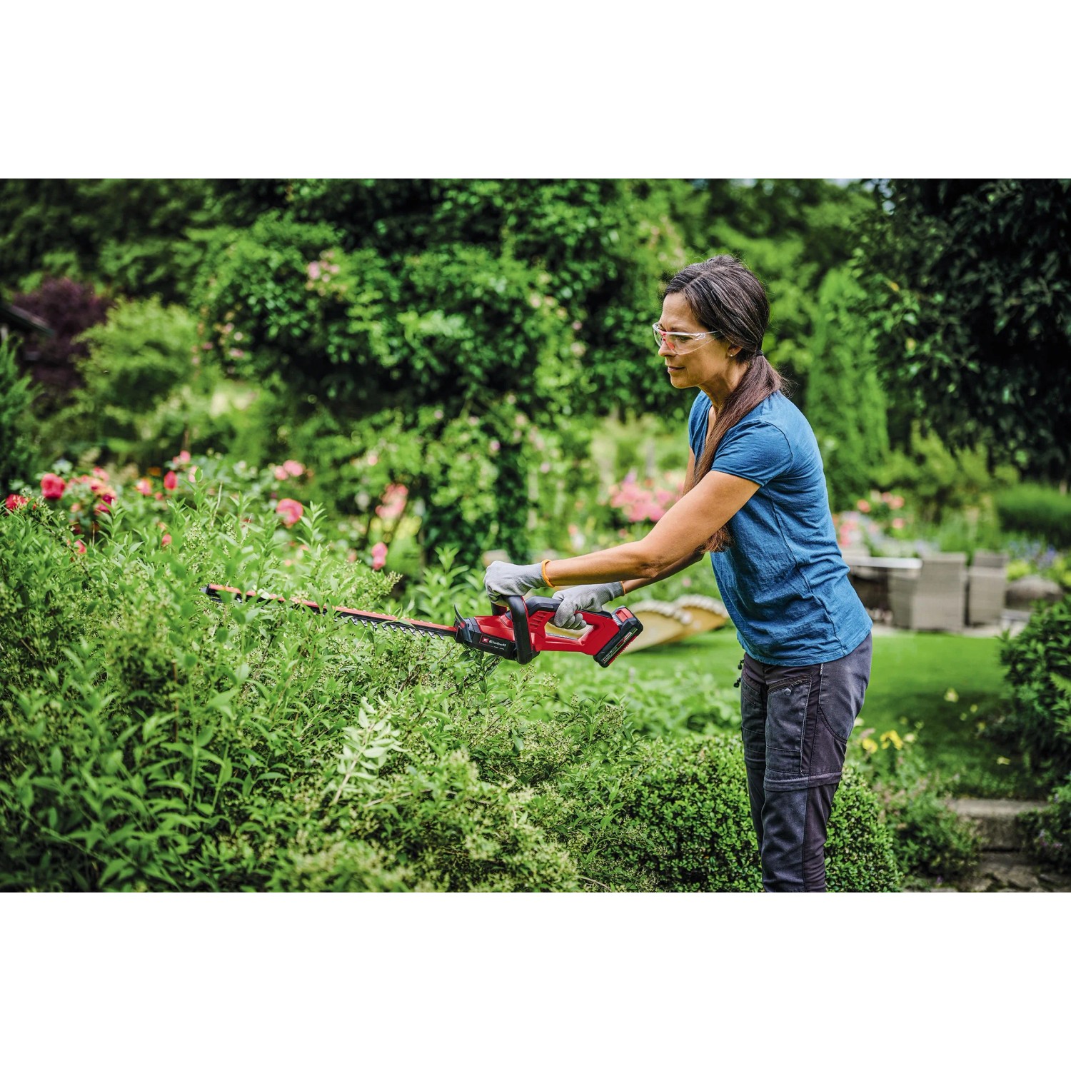Donna taglia siepe con tagliasiepi a batteria Einhell Power X-Change GC-CH 18/40 Li Solo in giardino.
