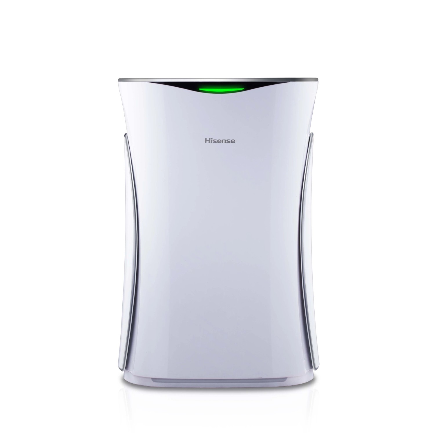 Purificatore d'aria Hisense bianco con indicatore verde. Per aria pulita in casa.