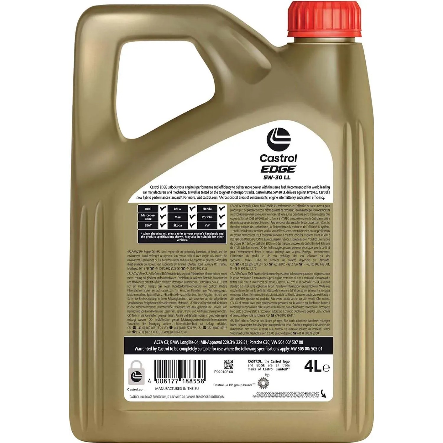 Olio motore Castrol EDGE 5W-30 LL in tanica da 4L per auto.