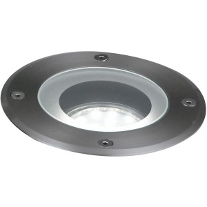 Faretto da incasso per esterno t.b.t. rotondo con cornice argentata e copertura in vetro.