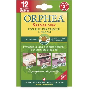 Orphea Salvana foglietti antitarme per cassetti e armadi, protegge lana e fibre naturali.