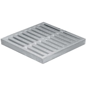 Coperchio grigliato di scarico quadrato grigio per uno scarico a canale o da cortile robusto e affidabile.