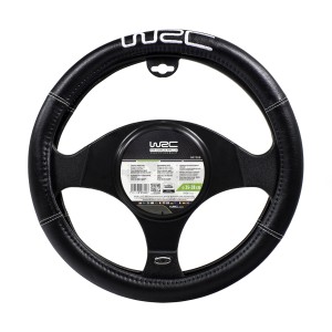 Coprivolante nero di t.b.t. per interni auto, con cuciture bianche e logo WRC.