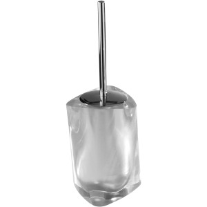 Set scopino WC trasparente con manico cromato per bagni moderni.