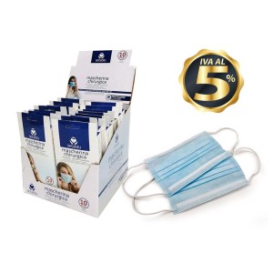 Maschere t.b.t.: Scatola con confezioni singole e due mascherine in primo piano.