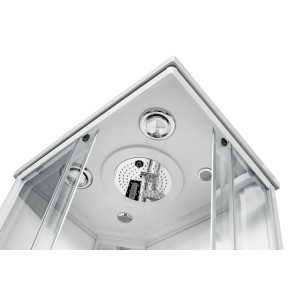 Dettaglio del soffitto di una doccia idromassaggio t.b.t. con soffione e altoparlanti.