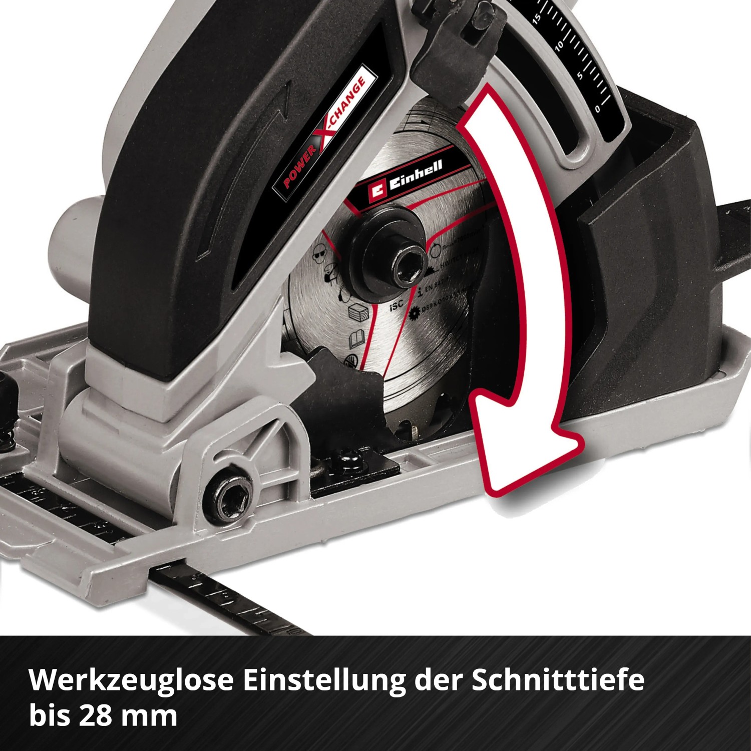 Mini sega circolare a batteria Einhell Power X-Change TE-CS 18/89 Li Solo: regolazione profondità di taglio senza attrezzi fino a 28 mm.