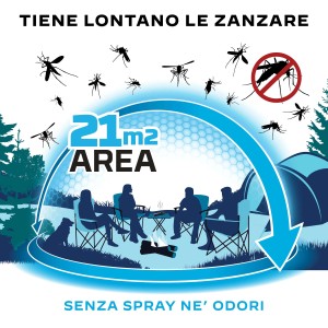 Illustrazione: Antizanzare per 21m² senza spray e odore. Ideale per il campeggio.