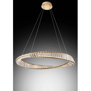 Moderna lampada a sospensione a LED a forma di anello con elementi in vetro cristallo, ideale per un'illuminazione elegante del soggiorno.
