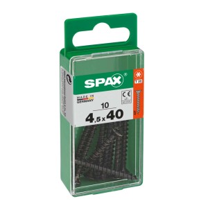 Viti universali Spax, 4,5x40 mm, zincate, nere, 10 pezzi in contenitore di plastica verde.