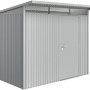 Casetta da giardino in metallo argentato con porta. Ideale per riporre gli attrezzi da giardino.