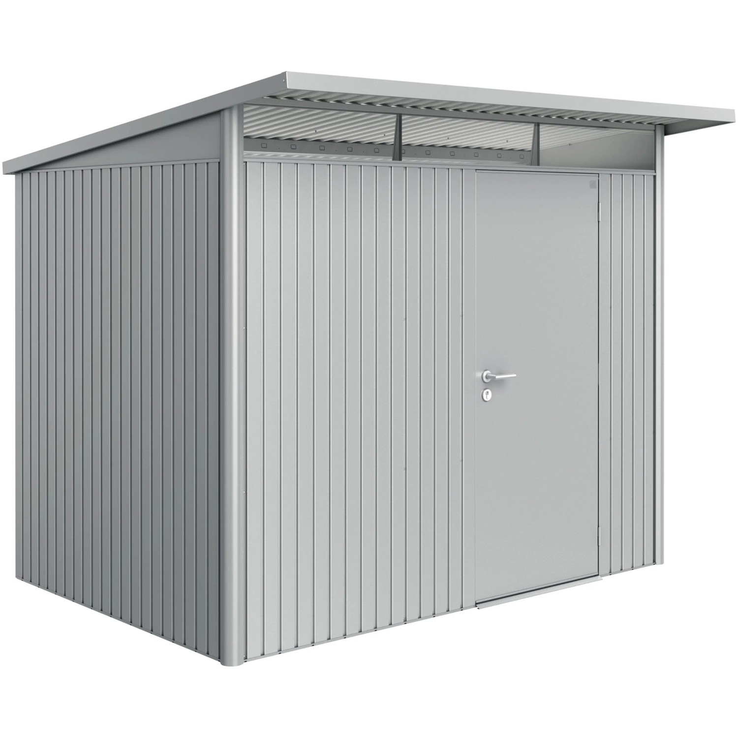 Casetta da giardino in metallo argentato con porta. Ideale per riporre gli attrezzi da giardino.