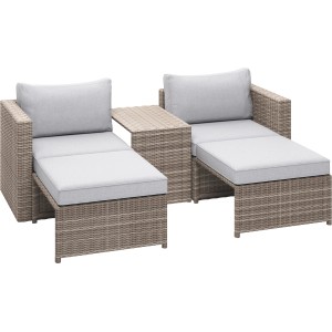 Set lounge Olea Compact 3 pezzi in polyrattan con cuscini grigio chiaro per balcone o terrazza.