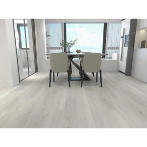 Pavimento vinilico chiaro in sala da pranzo moderna. Dettaglio del pavimento t.b.t.