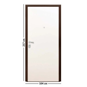 Porta blindata bianca con telaio marrone, maniglia e serratura. Ideale per proteggere la tua casa.