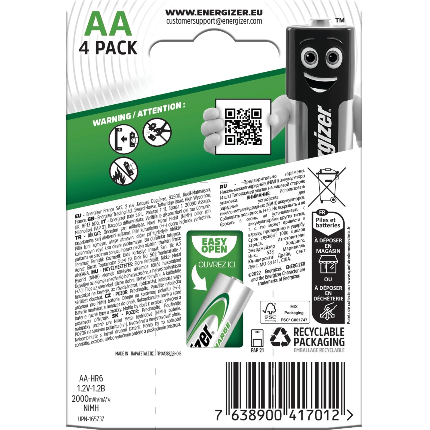 Energizer Power Plus AA batterie ricaricabili, confezione da 4, 1.2V 2000 mAh.
