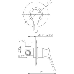 Disegno tecnico: t.b.t. rubinetto doccia con dimensioni.