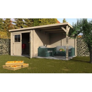 Casetta da giardino in legno Paradis Contact con tetto piatto, ripostiglio e area lounge coperta.