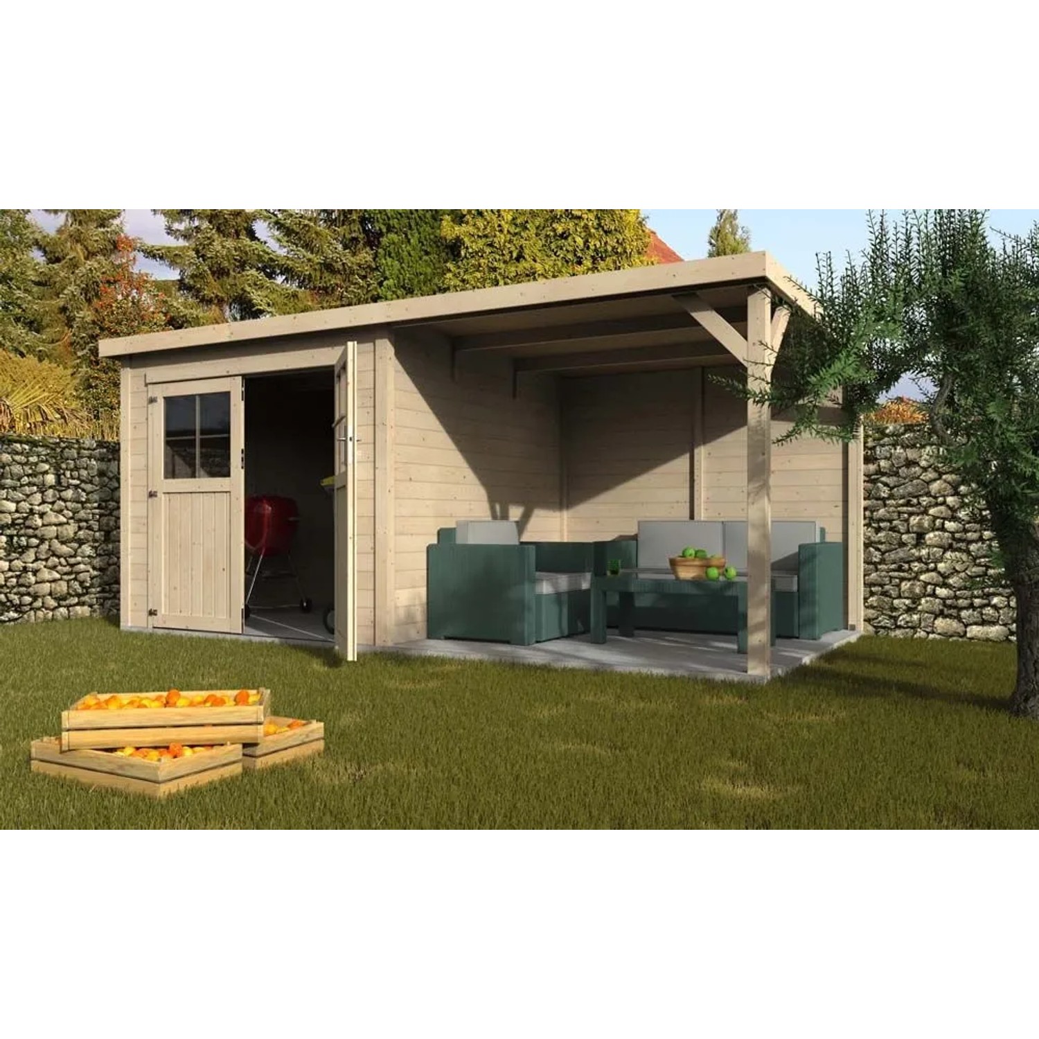 Casetta da giardino in legno Paradis Contact con tetto piatto, ripostiglio e area lounge coperta.