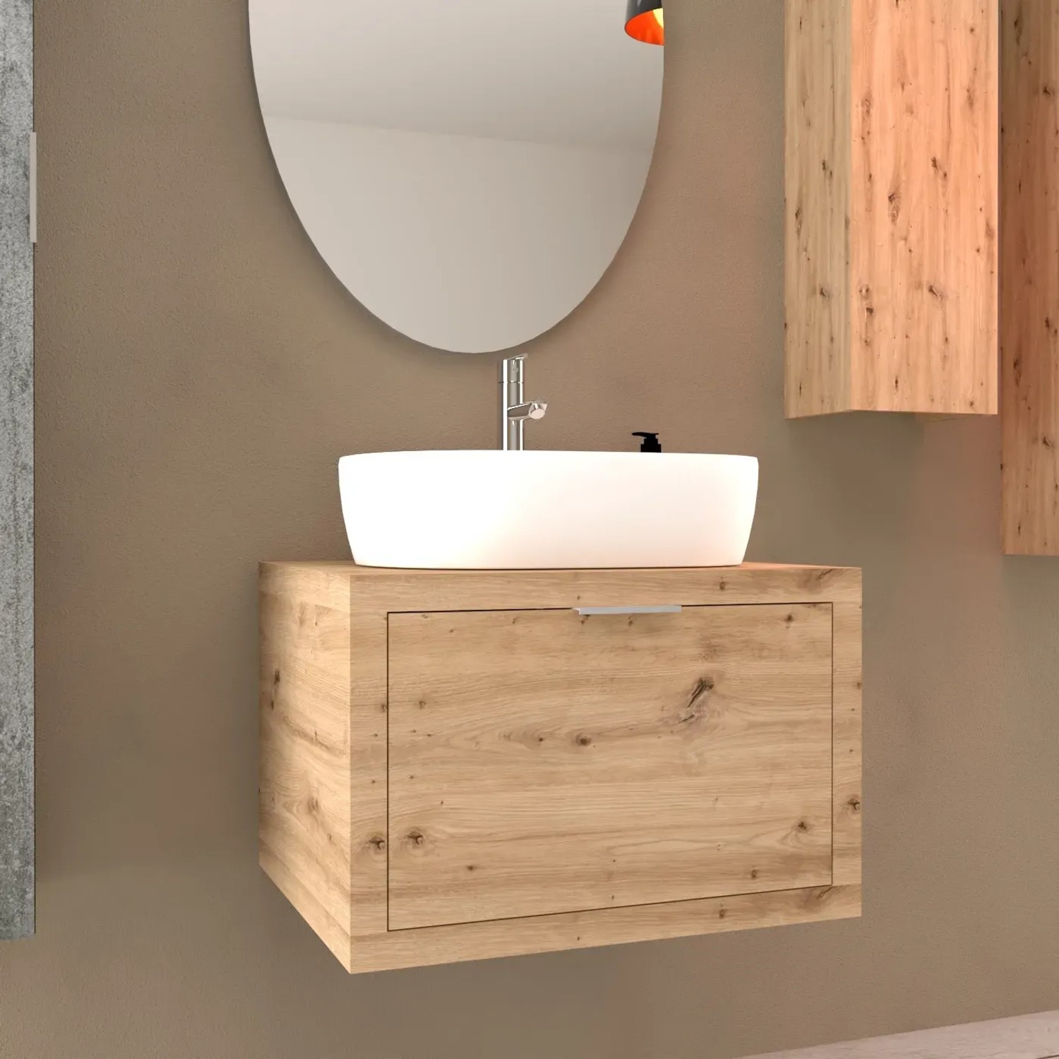Mobile bagno t.b.t. con lavabo d'appoggio e specchio.
